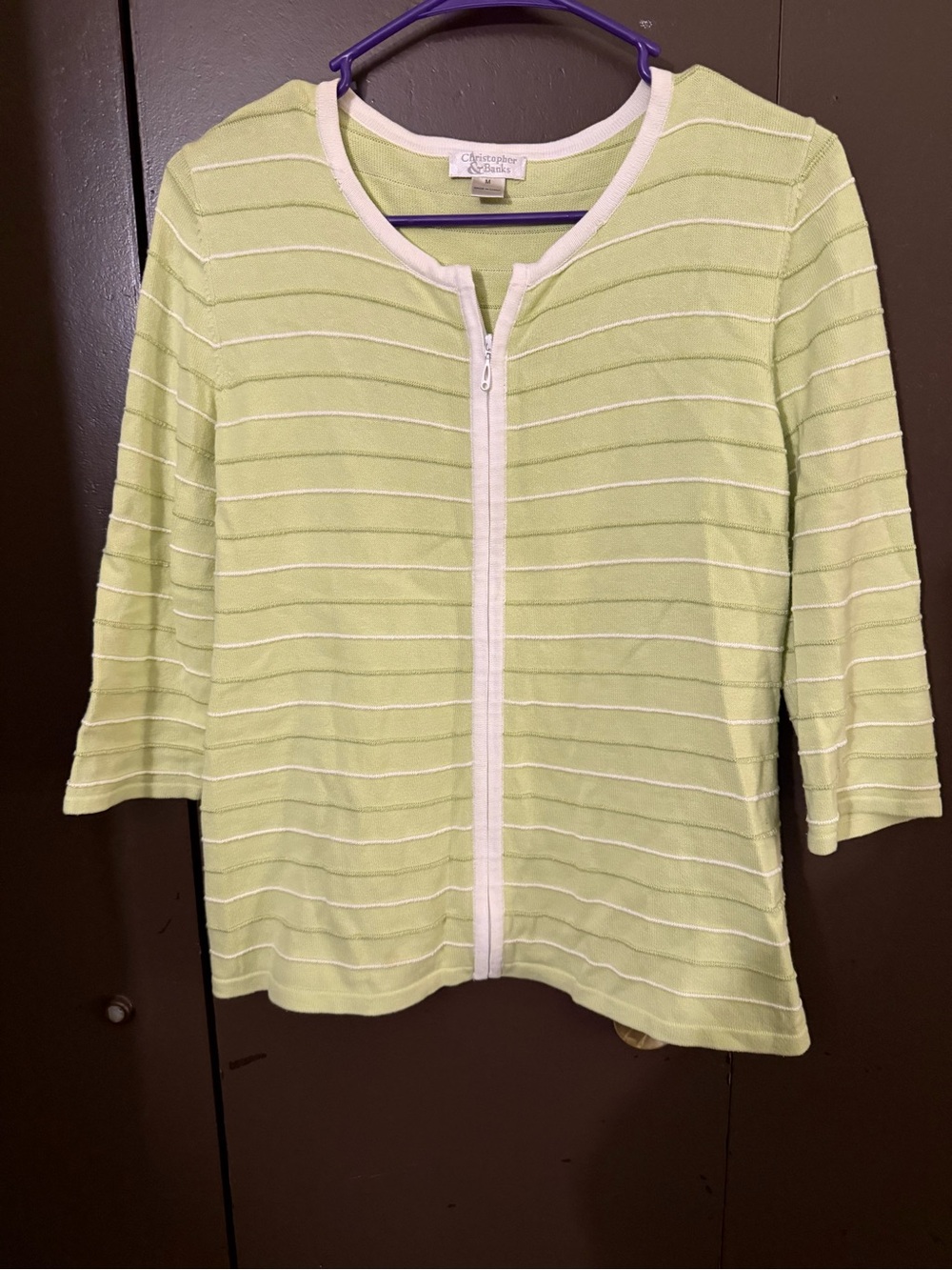 Christopher & Banks Mint Green Zip-Front Knit Cardigan with White Trim